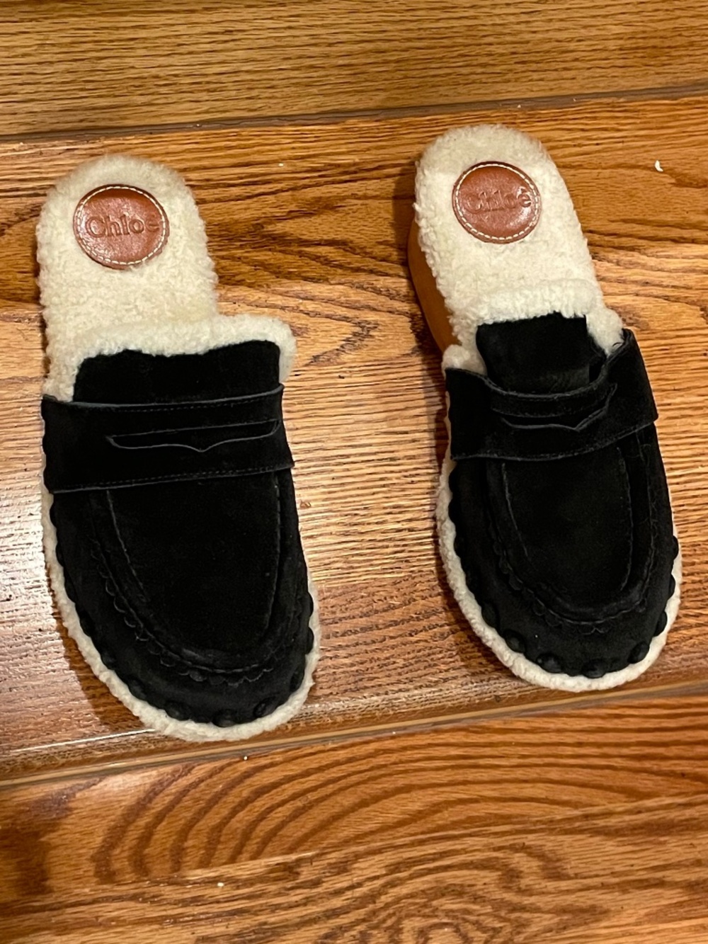 Chloé Joy Black Suede Shearling Lined Platform Clog Mules Sz 36 - Picture 2 of 8